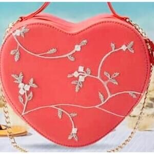 -Salmon Color Floral Embroidery Heart Shaped Faux Leather Crossbody